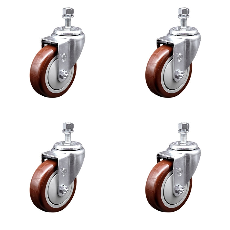 4 Inch SS Maroon Polyurethane Wheel Swivel ½ Inch Threaded Stem Caster Set SCC