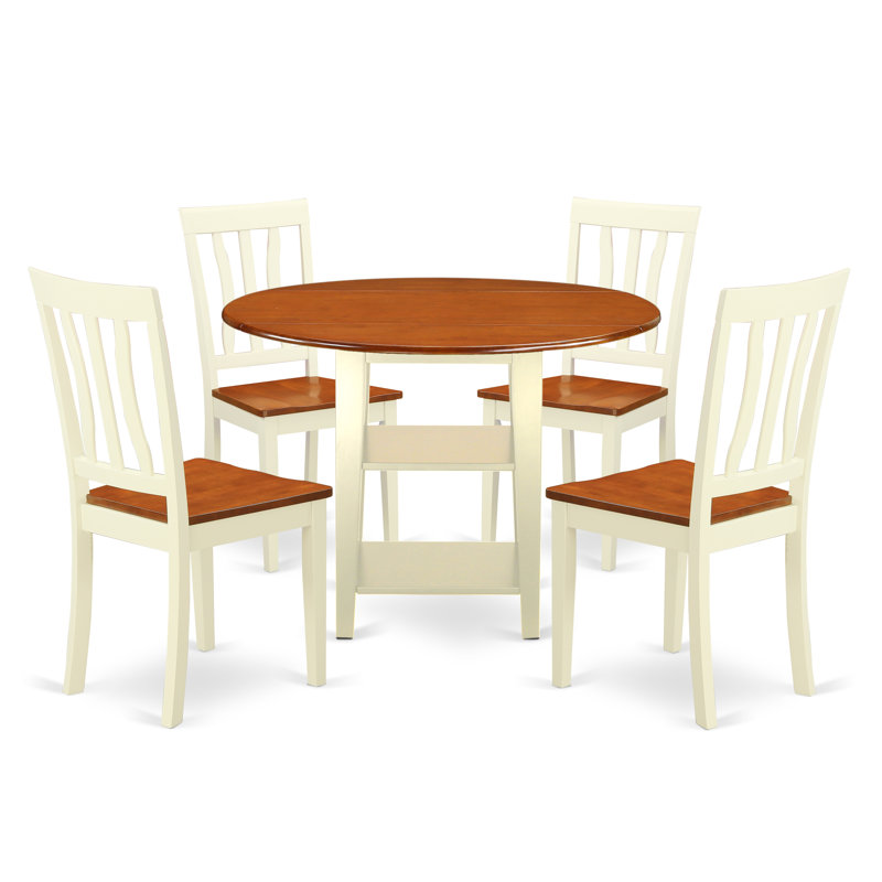 5 Piece Modern Dining Table Set Includes a Round Wooden Table with Dropleaf & Shelves and 4 Dining Room Chairs, Buttermilk & Cherry