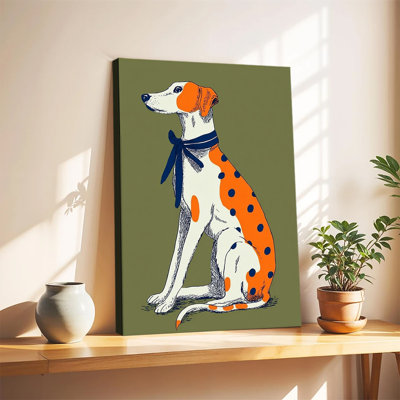 Tableau grand format sur toile, style galerie, représentant un whippet tacheté rétro avec un nœud papillon bleu marine, idéal pour le salon ou la chambre.