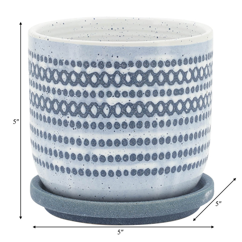 Contemporary Dotted Ceramic Planter with Saucer, 1, Geometric Blue