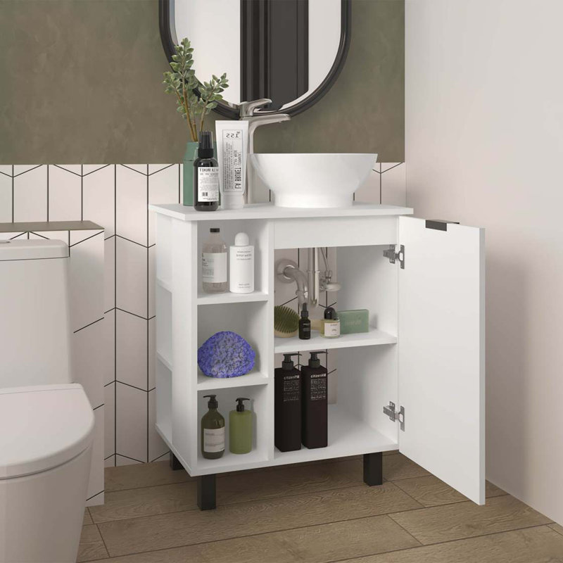 Meuble-lavabo blanc avec 1 porte et 8 tablettes de rangement, Blanc