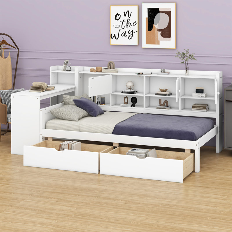 Wooden L-Shape Daybed With Seven Storage Cabinets,Two Storage Drawers,Study Desk And Built-In Bookshelf, White, Twin