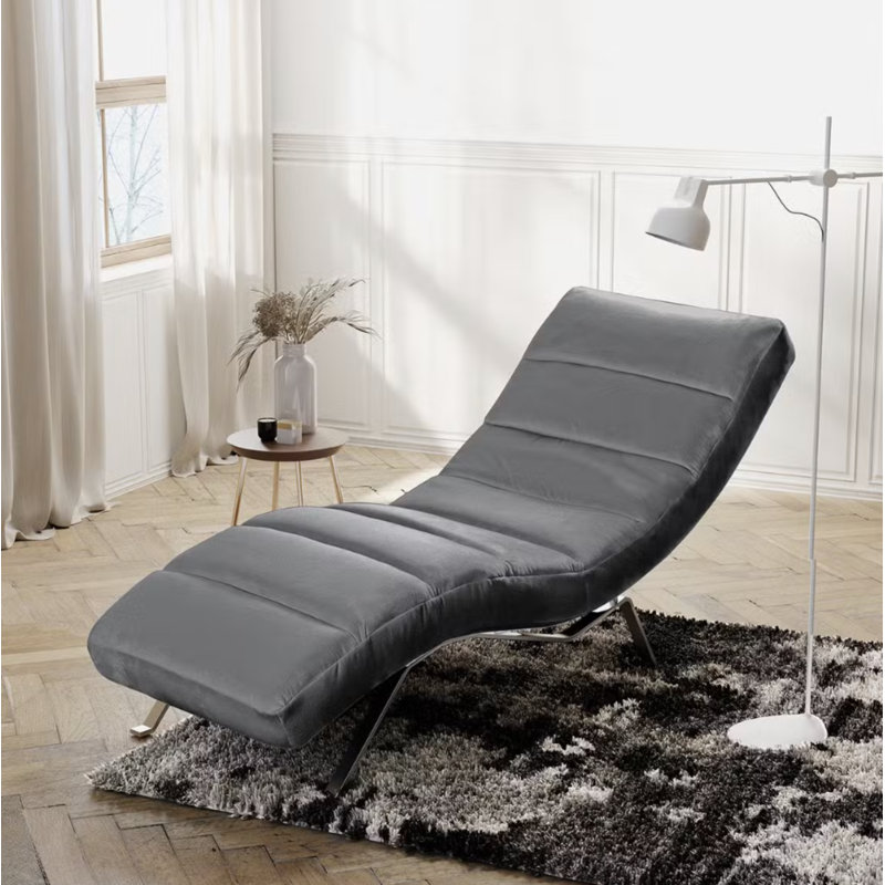 Rye Upholstered Velvet Fabric Chaise Lounge with Adjustable Backrest, Steel Grey, Silver