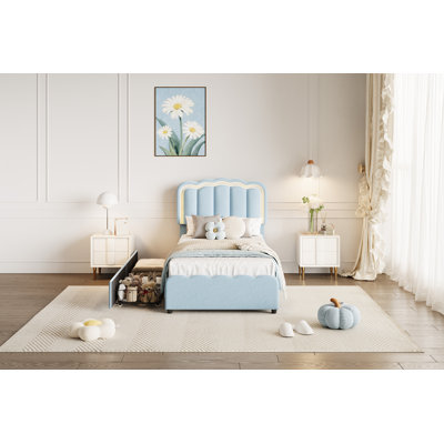 Lit plateforme simple en velours pour enfants avec tête de lit réglable, lumières à DEL RVB et 2 tiroirs de rangement sous le lit, cadre à lattes en bois silencieux, aucun sommier nécessaire, bleu