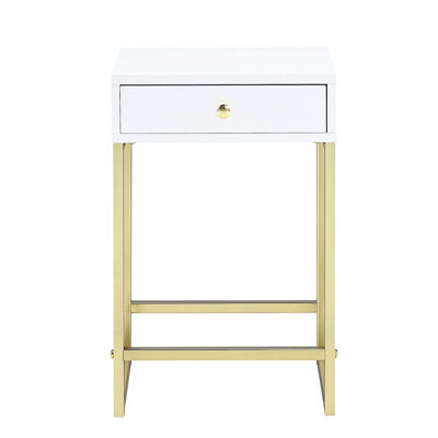 Table de bout contemporaine contemporaine en laiton et blanc avec tiroir, rectangulaire pour le bureau, mécanisme de tiroir coulissant 1 mécanisme
