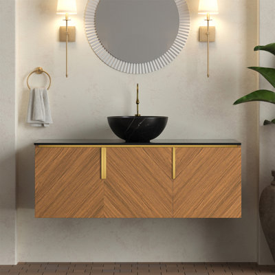 Meuble-lavabo 48 po, meuble de rangement flottant en contreplaqué pour salle de bain avec comptoir en pierre frittée à 3 portes et cuve en céramique noire avec motif en pierre