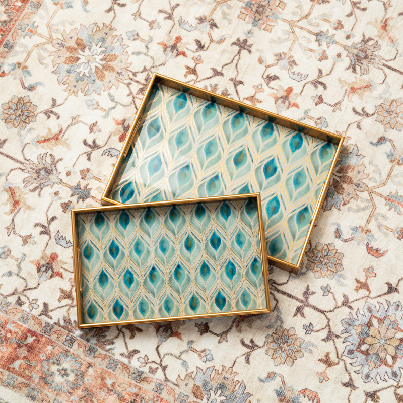 Plateaux rectangulaires décoratifs à motif de plumes de paon en bois et en plastique avec poignées