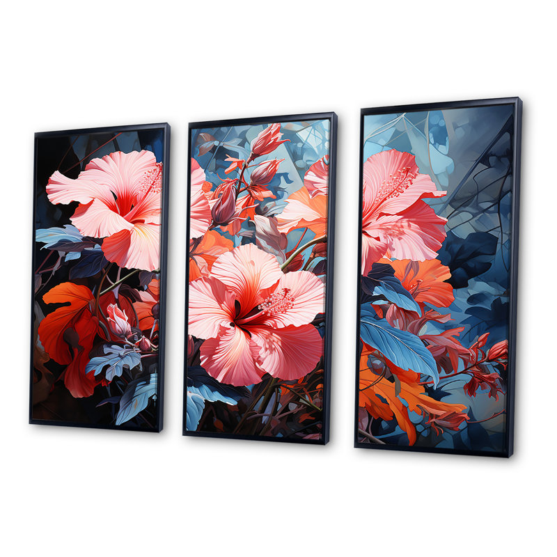 Hibiscus rose et bleu, ensemble moderne d'art sur toile Hibiscus, Cadre flottant noir, H 40 po x l 60 po x P 1 po