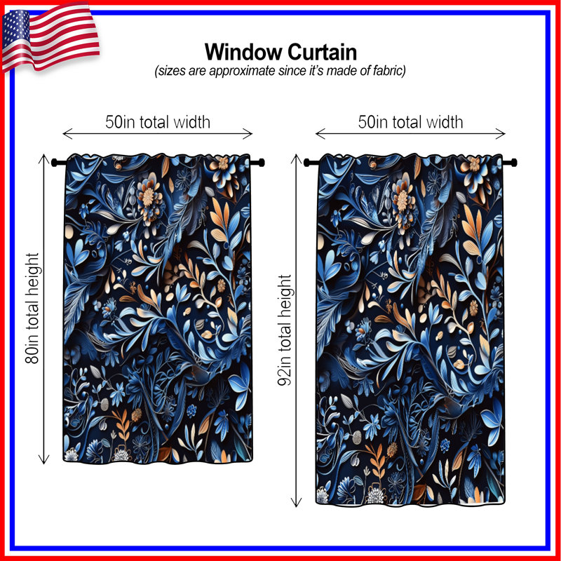 Rideaux à motif floral bleu bronze, voilages et voilages à motif floral - 1 panneau, 50 po x 92 po - 1 panneau, Transparent