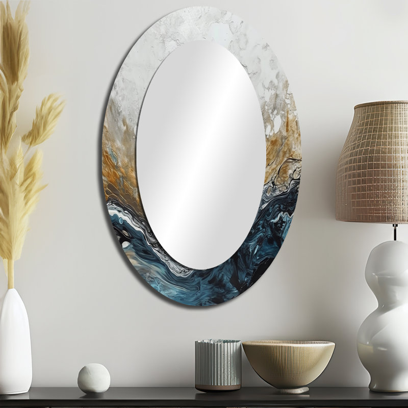 Grey Gold Modern Abstract Contemporary II - Abstract Oval Decorative Mirror On Metal, 36" x 24"
