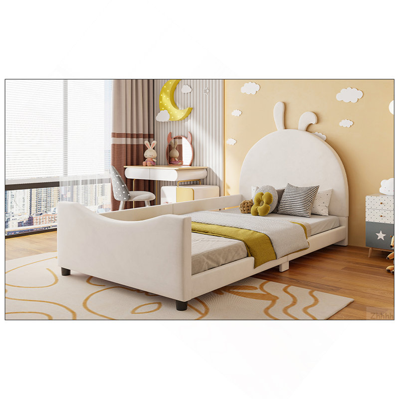 Lit de jour simple rembourré avec tête de lit en forme d'oreille de lapin, beige, Beige