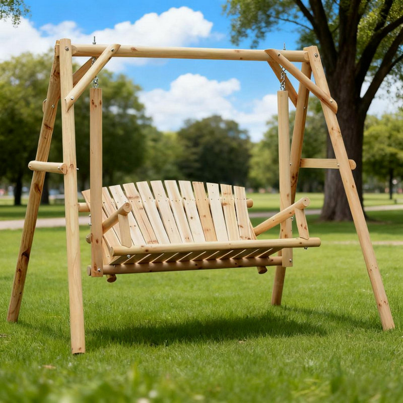 Banc de balançoire en bois 2 places, conception ergonomique, structure en «A», stable et antidérapant, balançoire de jardin en bois massif