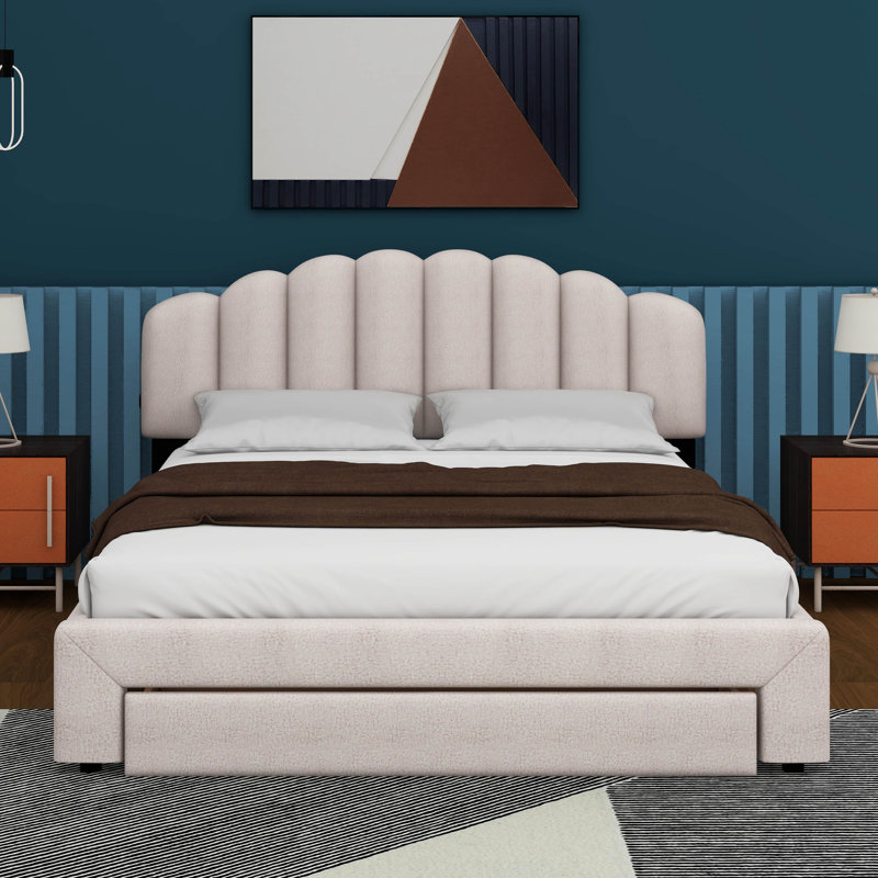 Kaura Upholstered Standard Bed with Drawers, Beige