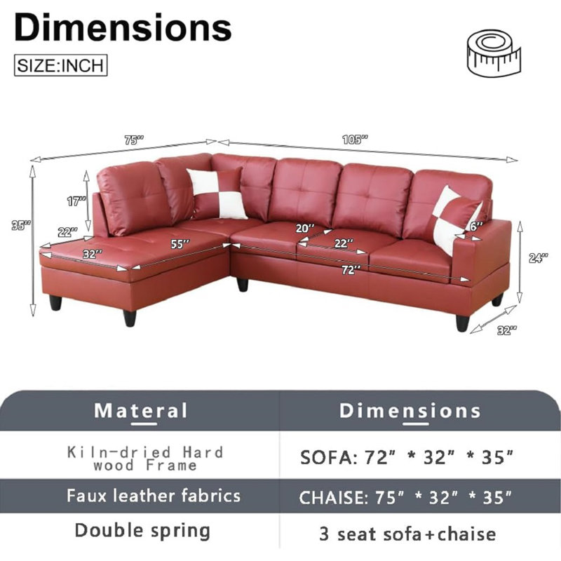 Bawan Faux Leather L-Shaped Sectional, Red Faux Leather, Left Hand Facing