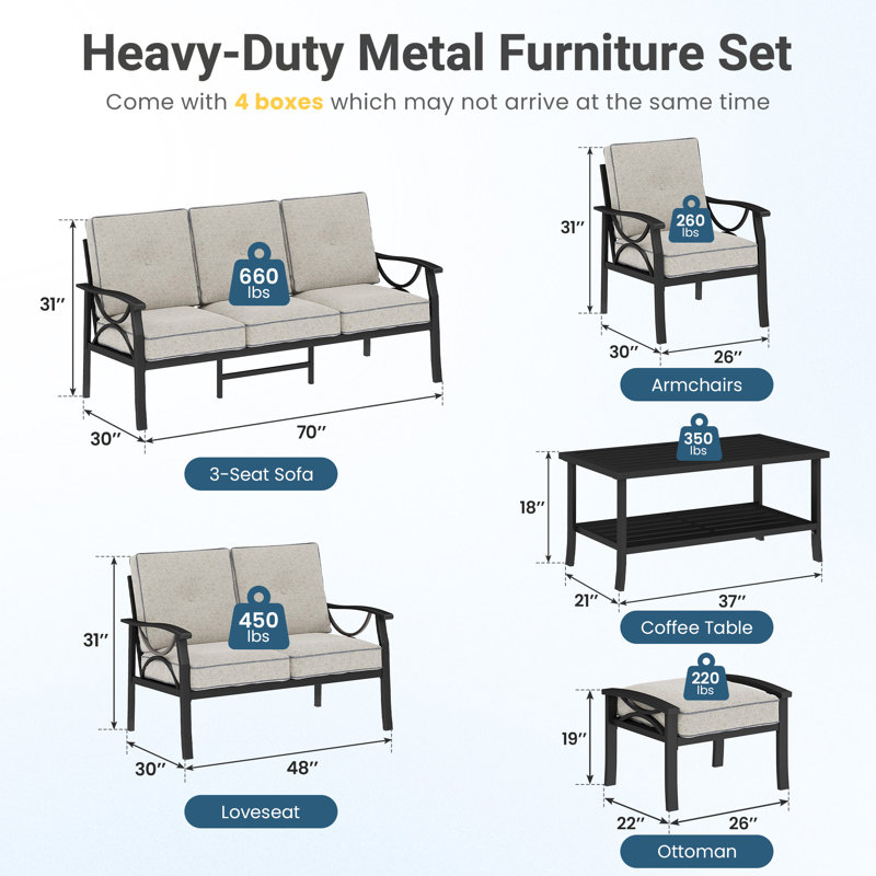 Ensemble de mobilier d'extérieur avec coussins de 4 po, ensemble de mobilier de patio toutes saisons pour 9 personnes, ensemble de patio d'extérieur 7 pièces avec support dorsal ergonomique