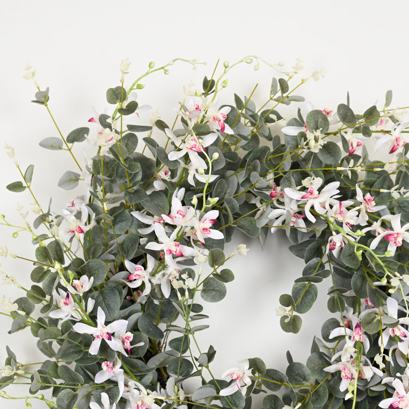Couronne de porte artificielle 28 po, Blanc / Rose