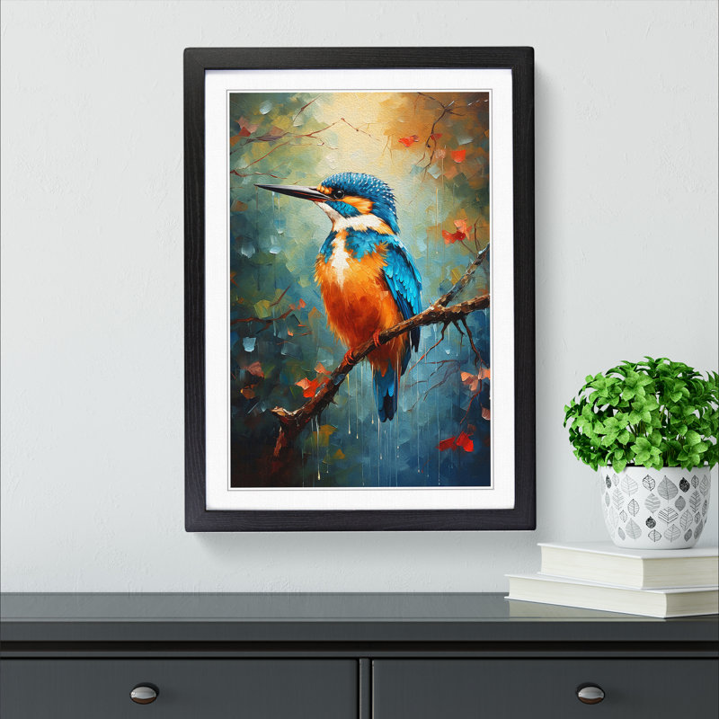 Kingfisher Impressionism No.2 - Single Picture Frame Print on Wood, 64cm H x 46cm W x 2cm D, Black