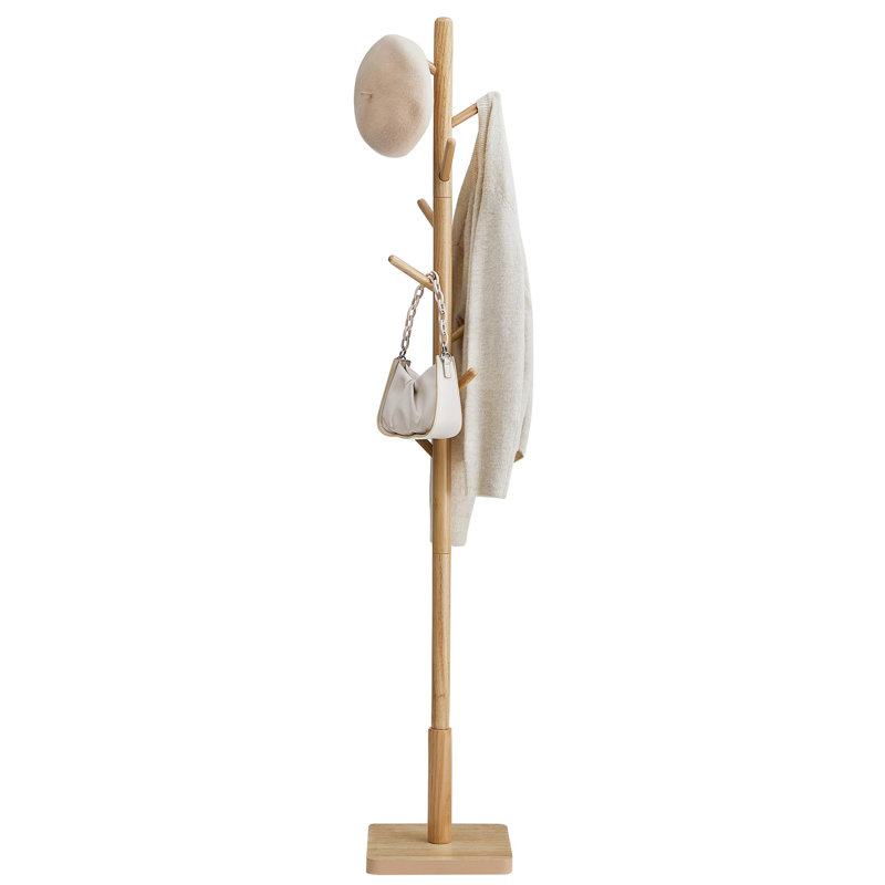 Trikomou Solid Wood 8-Hook Freestanding Coat Rack, Natural Wood