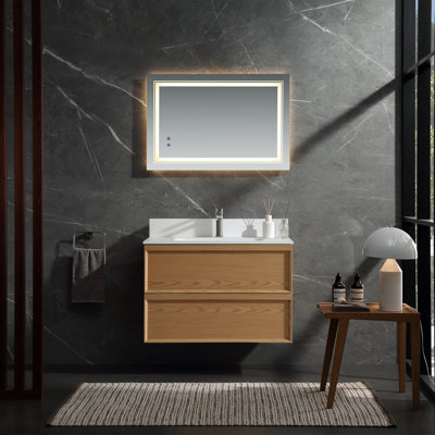 Fully Assembled 30'' Mid-Century Natural Wood Floating Bathroom Vanity with Sink, Modern Wall-Mounted Bathroom Cabinet