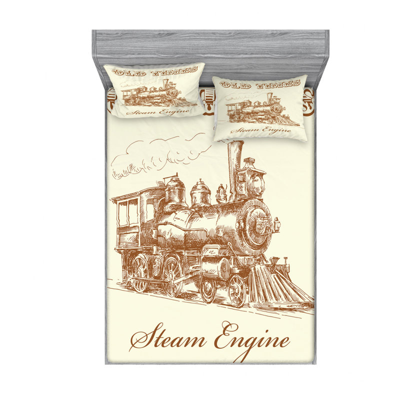 Ensemble de draps Old Locomotive, Ensemble de draps pour grand lit avec 2 taies d'or