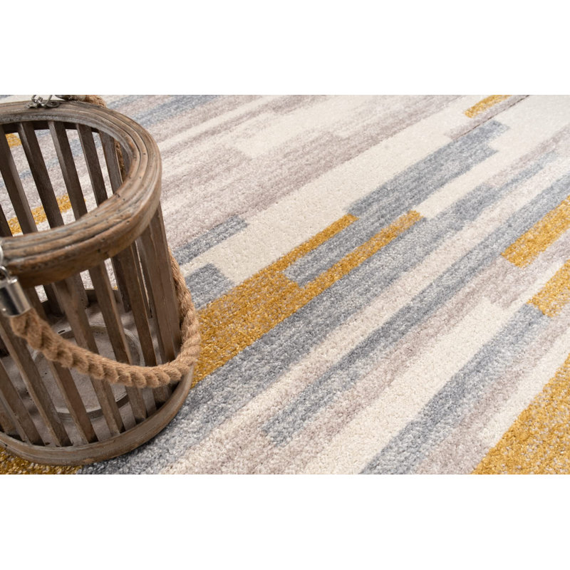 Tapis géométrique moderne contemporain pour le salon en jaune moutarde et beige, Rectangle 5 pi 3 po x 7 pi 3 po