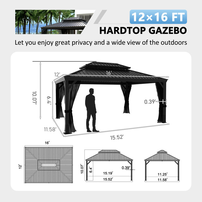 Pavillon de jardin en aluminium à toit double avec toit rigide et toits arrondis, H 121,2 po x l 192 po x P 144 po