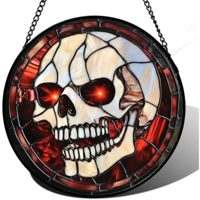 Stained Glass Window Hanging - Halloween Decorations White Skeleton Suncatcher For Doors Garden Indoor Spooky Funny Red Sun Catchers Gothic Decor Horror Gifts For Women Men Friend 9.8 In