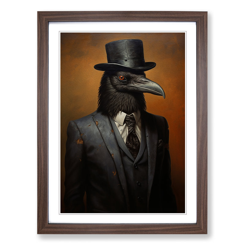 XYZ-FRM-V1223-460 Crow In A Suit Painting No.2 - Single Picture Frame Print on Wood, Walnut, 46cm H x 34cm W x 2cm D