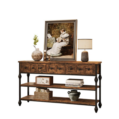 Long Console Table with Three Drawers Roman Column Sofa Table for Entryway Hallway Living Room Bedroom