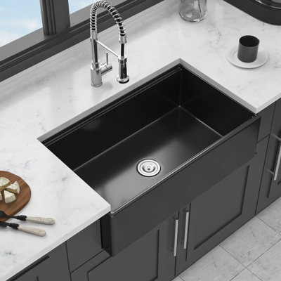 Évier de cuisine réversible à simple cuve de 33 po en noir mat, matériau en porcelaine, résistant aux taches, à la chaleur, livré avec support de séchage et accessoires, station de travail en céramique noire, 33 po de long, eau basse