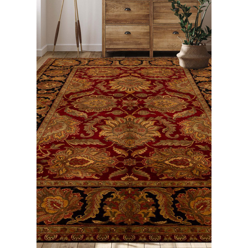 Tapis rouge et noir noué à la main de haute qualité