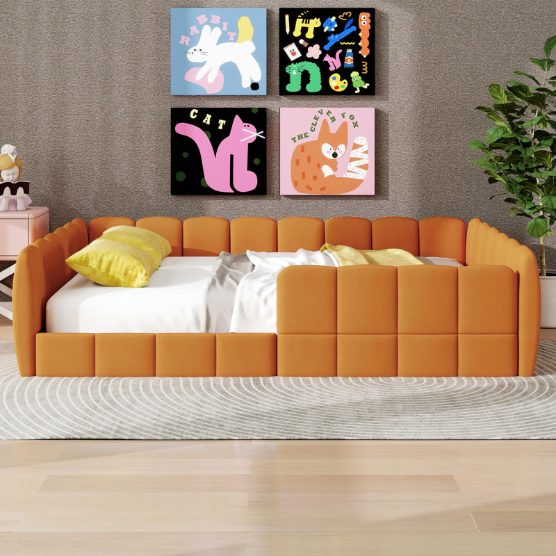 Lit tapissier en velours avec garde-corps tout autour, cadre de lit plateforme en bois, Pumpkin Orange