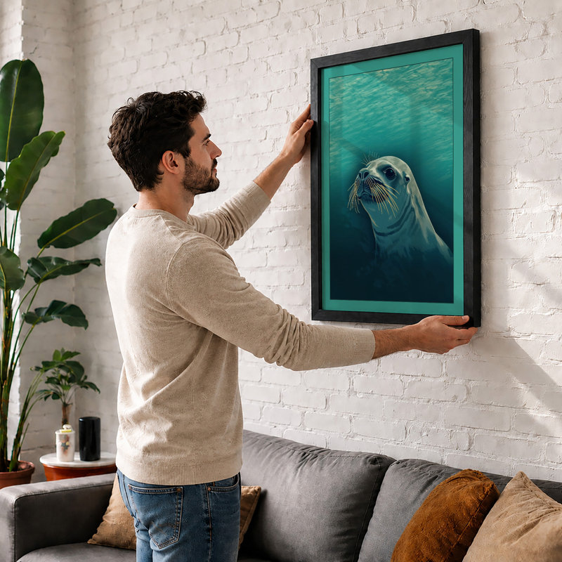 Seal in Turquoise Coastal - Framed Print, A2 - 59.4 x 42.0 cm, White