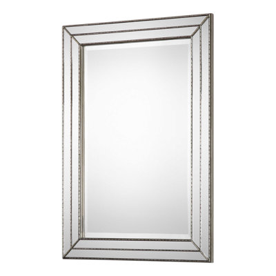  Wall Mirror 33.87"H Metallic Silver MDF – Grooved Texture Frame with Mirror Inlays Modern Decor