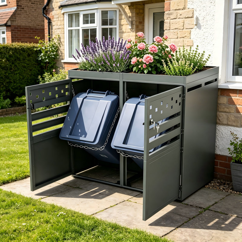 Wetherly Outdoor Trash Can Storage Box with 2 Lockable Doors, Ventilation & Top Planter,Grey
