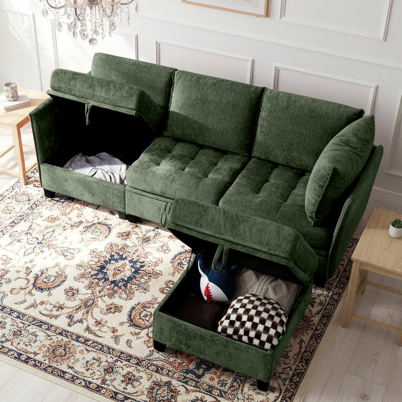 Canapé modulaire en chenille 4 pièces avec siège de rangement et canapé modulaire 4 pièces, Vert