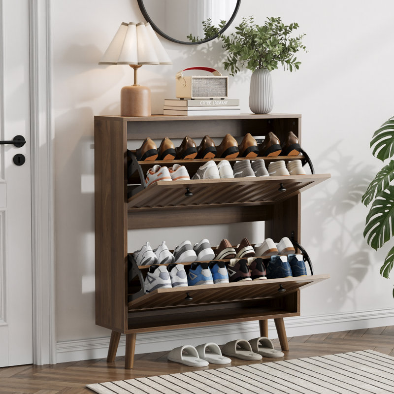 Medieval-Style Modern Shoe Cabinet, Upright Shoe Storage Unit With Vertical Grooved Finish, 31.5-Inch Walnut-Colored Shoe Cabinet, Suitable For Hallways, Passageways And Entrances.