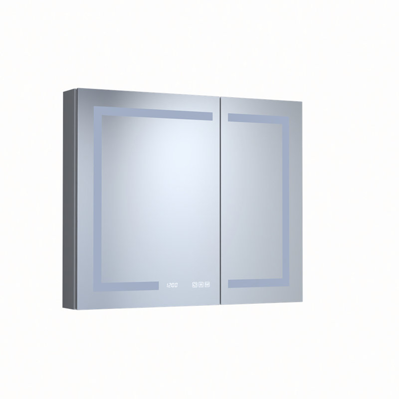 Armoire à pharmacie rectangulaire en aluminium argenté avec miroir, DEL et horloge pour un rangement moderne dans la salle de bain