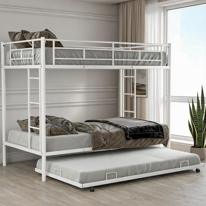 Lit superposé simple au-dessus de simple pour trois petites chambres à coucher Structure en métal blanc doux avec lit gigogne