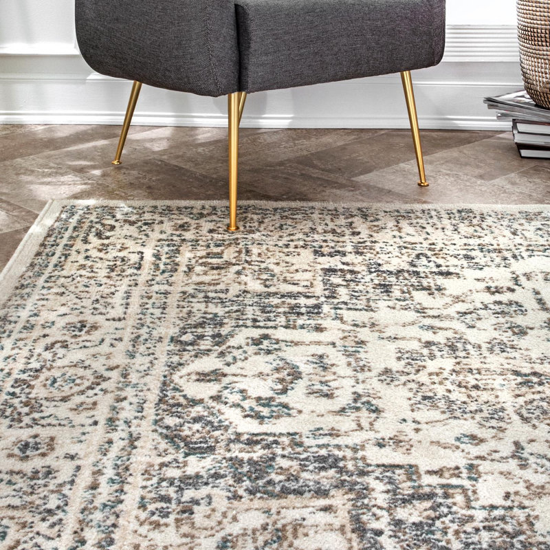 Ethelinde Power Loom Performance Oriental Medallion Cream Rug, Square 6'