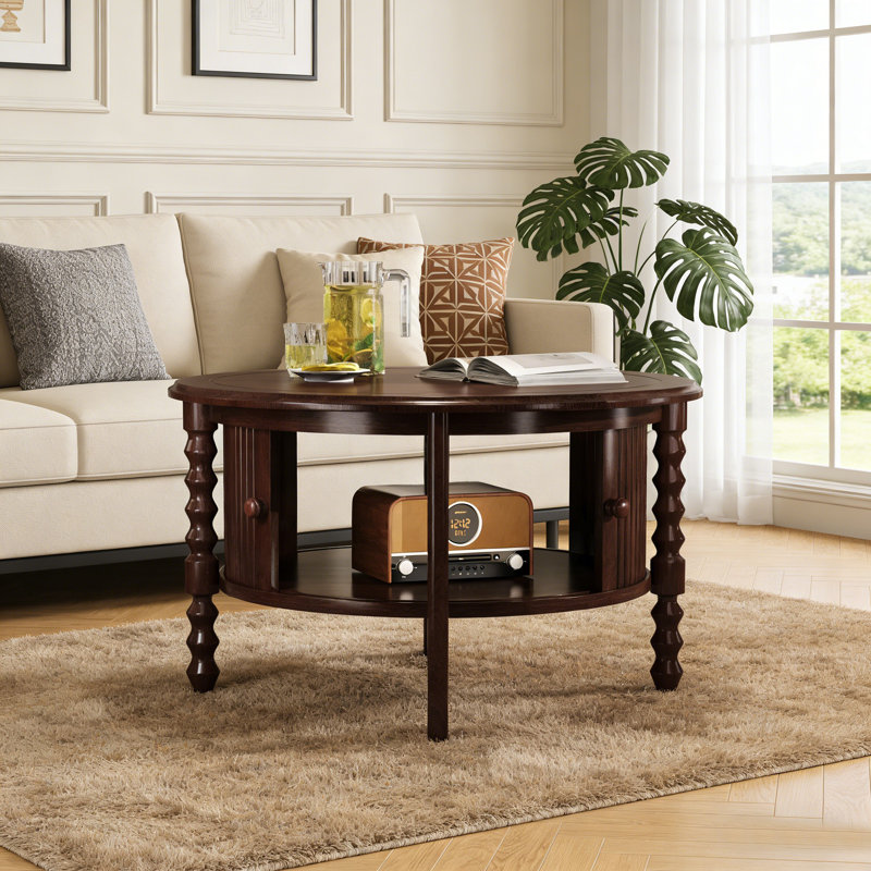 Table basse ronde avec rangement et porte coulissante, Noyer, Noyer