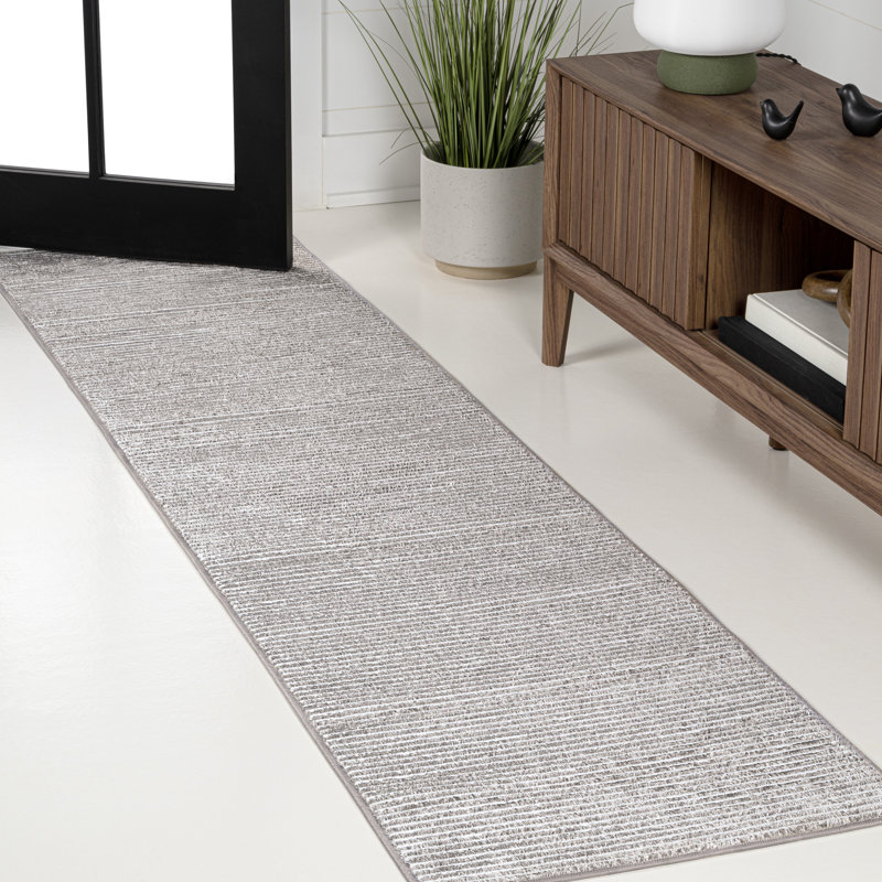 Wolcott Modern Minimalist Pinstripe High-Low Dark Silver/White Rug, Runner 2' x 8'
