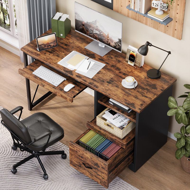 Bureau d'ordinateur brun de 47 po avec tiroirs classeurs et de rangement, bureau d'écriture réversible avec plateau pour clavier et tablette réglable