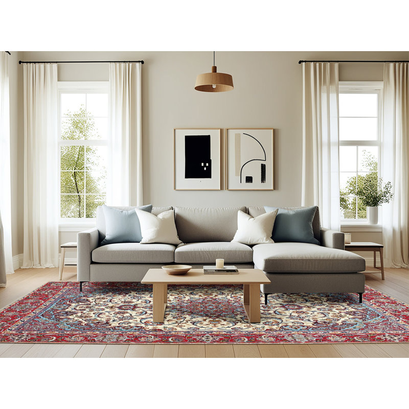 Brun oriental Amy-Louise/bleu/Tapis décoratif crème, Rectangle 6 pi x 9 pi
