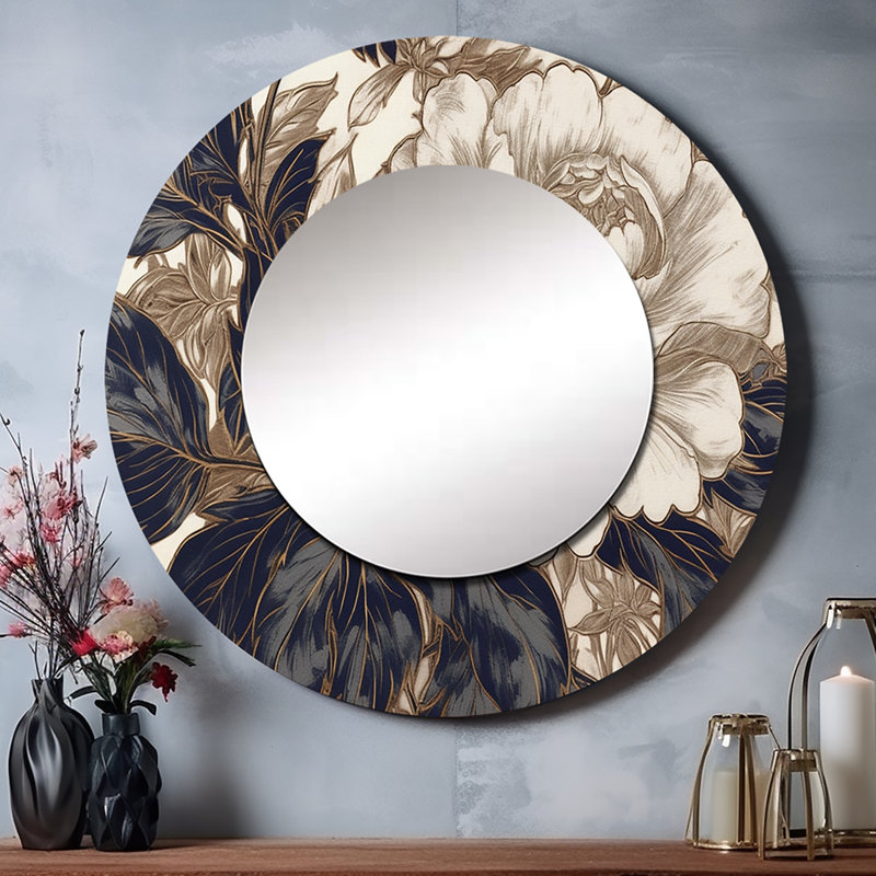 Pressie Gold Blue Carnation Flower IV - Carnations Decorative Mirror, Traditional Round Wall Mirror, Printed Metal Art