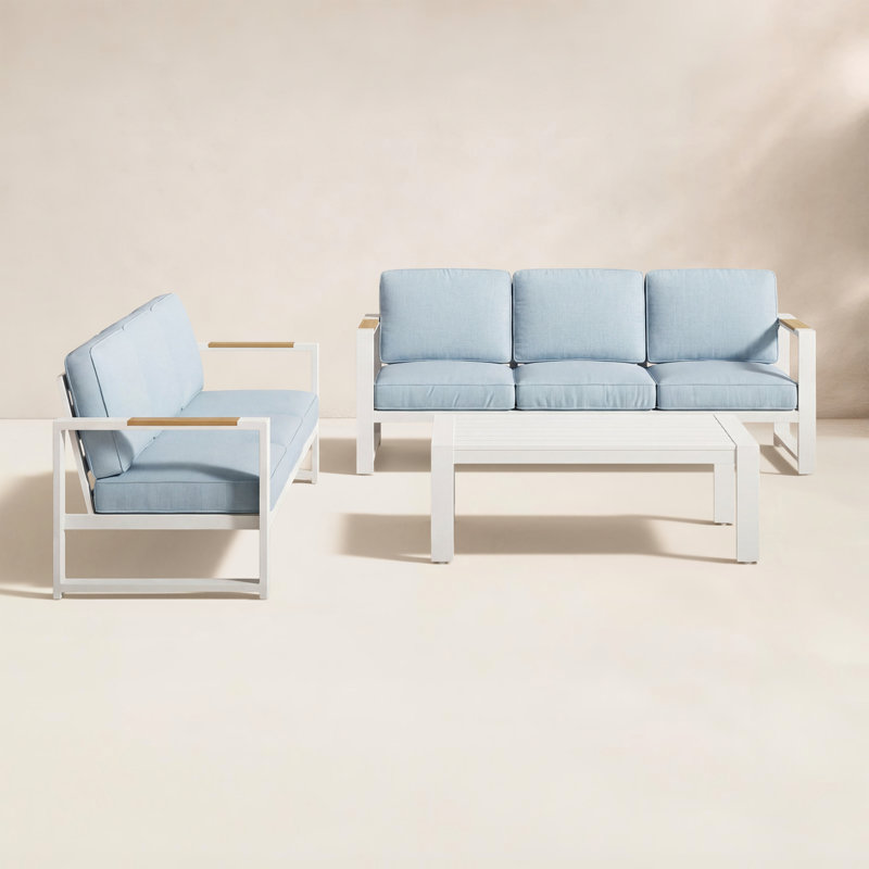 Jayton White Aluminum 3-Piece Outdoor Sofa & Coffee Table Patio Conversation Set With Cushions, 3 Pcs: Table, 2 Sofas