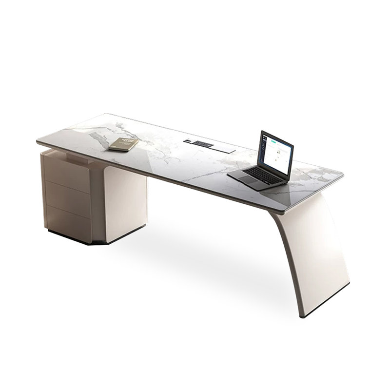 Plateau de table rectangulaire en bois manufacturé blanc avec 3 tiroirs, Retour à gauche
