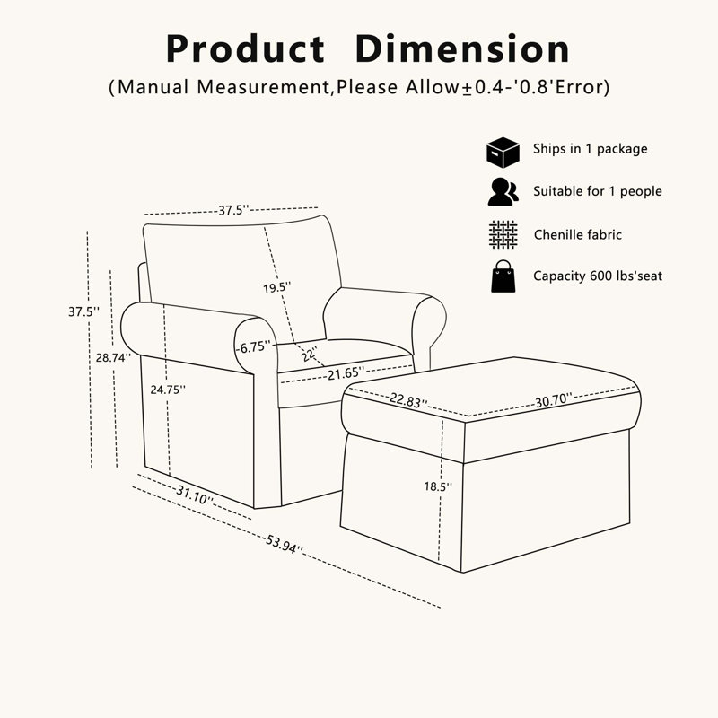 Fauteuil d'appoint moelleux en chenille avec repose-pieds mobile