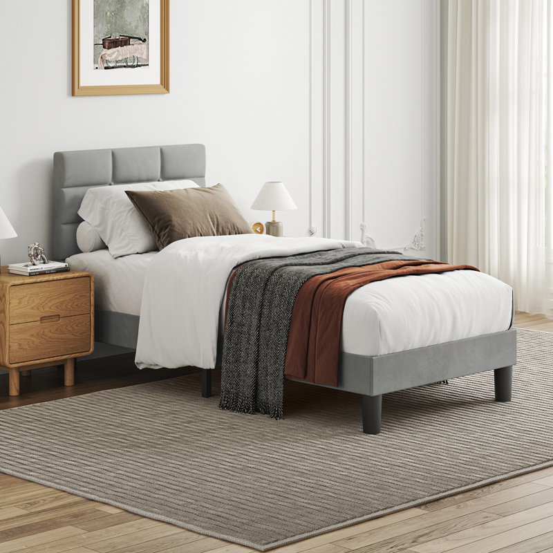 Velvet Upholstered Platform Bed with Headboard, Single (3')