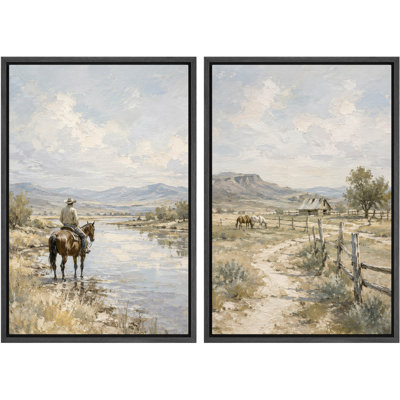 Western Cowboy Ranch Landscape Artwork, Living Room Pictures, Framed Canvas Giclee Print 2 Pieces Wall Art